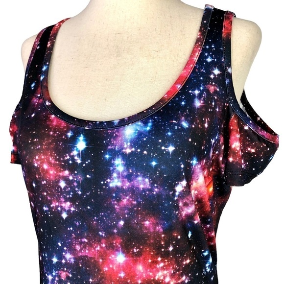 Hot Topic space dress cold shoulder fit and flare skater printed poly spandex S - Picture 2 of 9